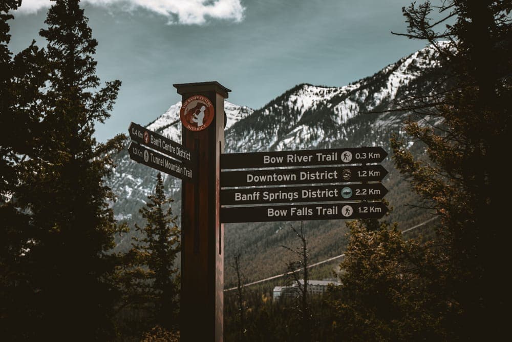 Wooden trail signs in a mountain landscape